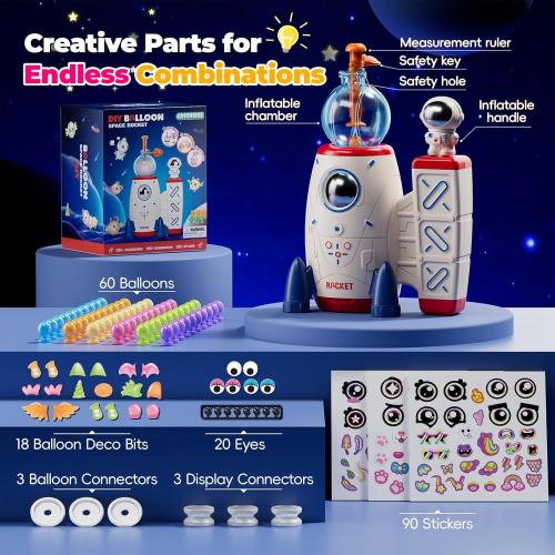 PINSHILE DIY Space Magic Balloon Craft Kit, Sticker Decorated Balloons Toy for Kids, Rocket Air Pump Fun with Balloon Monster Pals, DIY Creative Activity, Birthday Gifts for Girls Boys Ages 3