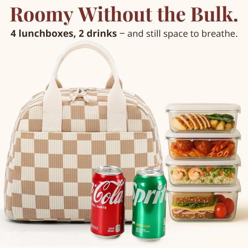 LOVELYWIND Lunch Box for Women, Insulated Lunch Bag,Beige Checkered Tote