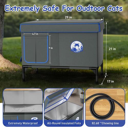 Heated Outdoor Cat House for Winter, 100% Waterproof XXL Shelter (29x17x21) with Escape Door & Heating Pad, Insulated for Feral Cats & Small Dogs