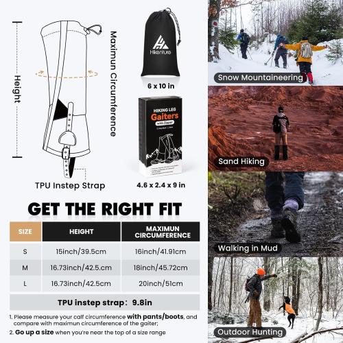 Hikenture Gaiters for Hiking Waterproof, Leg Gaiters with Upgraded Zipper Design, Lightweight Shoe Gaiters for Men Women, Dirt-Proof Ripstop Hiking Gaiters, Breathable Boot Gators, Small