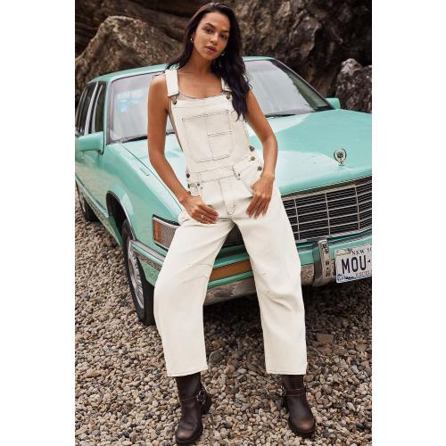 Size M ReachMe Womens Casual Adjustable Bib Overalls Classic Wide Leg Jumpsuits Vintage Barrel Overalls Baggy Pants with Pockets