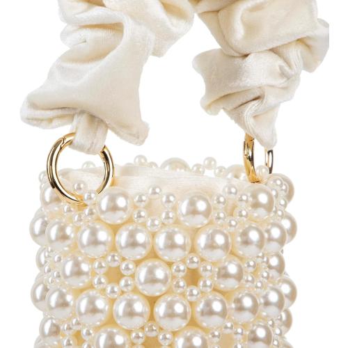 YUSHINY Women Faux Pearl Beaded Evening Pleuche Bucket Handle Bags with Velvet Lining for Wedding Party