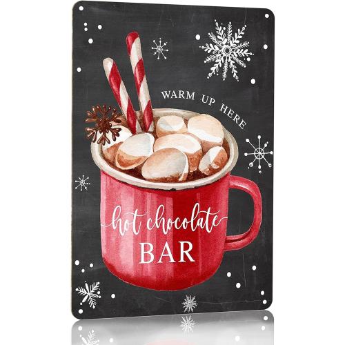 Joyline Vintage Christmas Decor Gifts Rustic Hot Chocolate Bar Warm Up Here Tin Sign for Home Farmhouse Kicthen Cafe Bar Wall Decor 8 x 12 inches (3235)