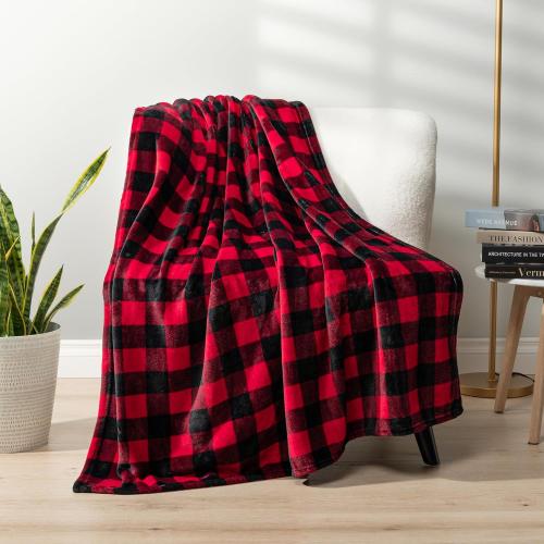PAVILIA Black and Red Buffalo Plaid Fleece Throw Blanket for Couch, Soft Checkered Flannel Blanket for Sofa, Plaid Christmas Couch Throw Bed, Warm Cozy Decorative Blanket Fall Decor Gift, 90x90