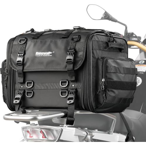 Rhinowalk Motorcycle Tail Bag, Expandable Motorcycle Travel Luggage Bags 60L, Waterproof All-Weather Trunk Rack Bag with Sissy Bar Straps & Helmet Rain Cover-Black