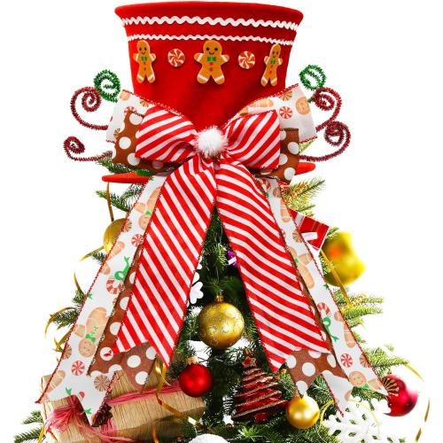 Gingerbread Christmas Decorations Indoor, Red Velvet Christmas Tree Top Hat with Gingerbread Man Motif, Baking-Themed Gingerbread Man Tree Tooper Hat Decor, Candy Cane Christmas Decorations
