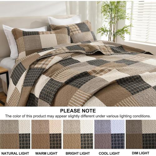 Plaid King Quilt Set - 100% Cotton Quilts, King Quilt Bedding Set, Farmhouse Patchwork Quilt, Lightweight Bedspread Coverlet for All Seasons, Brown, 3 Piece, 98x106