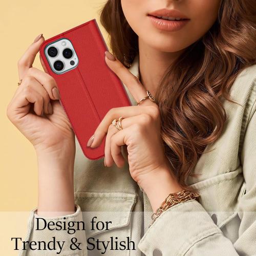 oakxco for iPhone 14 Pro Max Wallet Case with Credit Card Holder, Magnetic RFID Slim Folio Book Flip Leather Phone Case for Women Men Girl, Cute Soft Silicone Rubber Shockproof Cover, Red