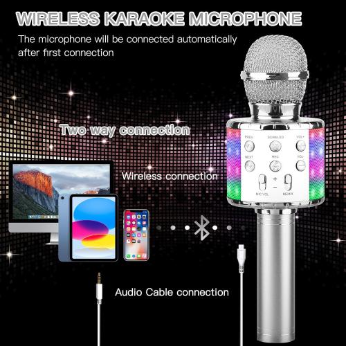 ShinePick Karaoke Microphone, 4 in 1 Wireless Microphone with LED Lights Handheld Portable Karaoke Machine, Home KTV Player, Compatible with Android & iOS Devices (Silver)