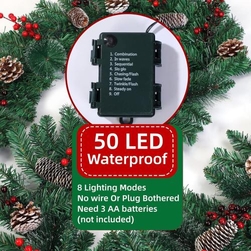 9FT Christmas Garland，Battery Operated Lighted Garland with Pine Cones Red Berries Lush Branches，50 LED Lights 8 Modes，Christmas Decorations