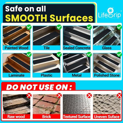 LifeGrip Anti Slip Traction Treads (10-Pack), 6 inch X 30 inch, Best Grip Tape Grit Non Slip, Outdoor Non Skid Tape, High Traction Friction Abrasive Adhesive for Stairs Step, Black (6 X 30 X 10P)