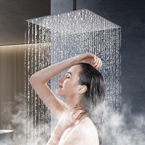 Shower Head,16 Inch Ultra Thin High Pressure Fixed Rain Showerhead Matte Black with Silicone Nozzle - Adjustable Metal Swivel Ball Joint - For the Best Relaxation and Spa