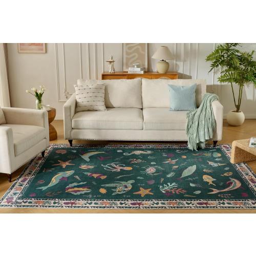 Soft Marine Animal Washable Faux Wool Stain Resistant Runner Rubber Non-Slip Backing for Playroom Bathroom Living Room Bedroom Bedside Beachy Cute Coastal Nautical Nursery Rug (Emerald, 5' x 7')