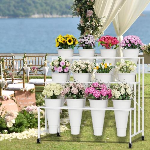 Flower Stand, 3-Tier Flower Display Stand with Buckets for Indoor Outdoor, Flower Cart Display Stand with Wheels for Courtyard, Balcony, Flower Shop, Wedding, Party, Exhibition, White