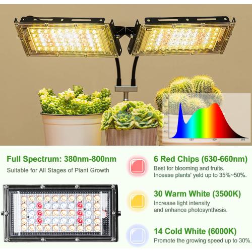 LBW Grow Light for Indoor Plants, Dual Heads Full Spectrum LED, Auto On/Off Timer, 6 Dimmable Levels, 3 Switch Modes, Adjustable Tripod Stand 15-63 inches