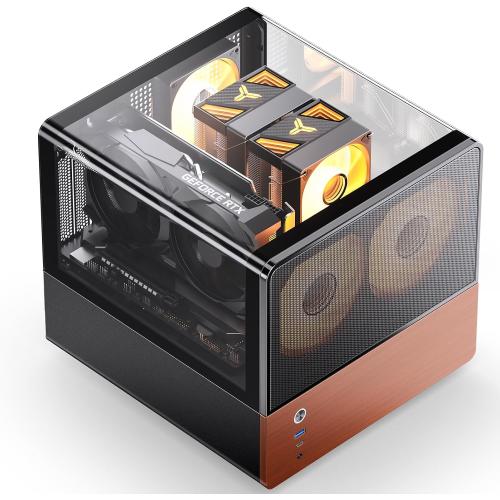 JONSBO V12 Black Micro ATX Mid Tower PC Case, Hyperboloid Glass Desktop Design, Separated Cabinet Structure,Walnut Wood,MATX Desktop Computer Chassis, GPU<260mm,ATX PSU,Front 120mm*2(Built-in) Black