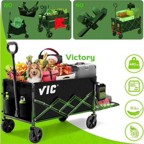 VIC Collapsible Folding Wagon, Extra Long Extender Wagon Cart,Beach Wagon Cart Heavy Duty 440LBs Foldable, Utility Grocery Wagon with Side Pocket for Camping Garden Sports, V1max