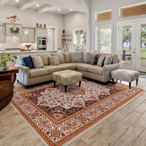 Area Rug for Bedroom, Orange Washable Living Room Rugs, 4x6Ft Non-Slip Modern Carpet for Dining Room Farmhouse Dorm Office Entryway Hallway