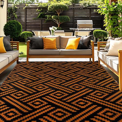 Black and Orange OPPODREAM Outdoor Rug Patio Waterproof, Large Outdoor Plastic Straw Rug, Reversible Out Door Carpet for Camping, Deck, Rv, Area Carpet for Balcony, Porch, Backyard