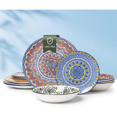 Multicolor 12pc Ceramic Dinnerware 12 Pieces Dinner Set,Plates Pasta Bowls Cereal Bowls Reactive Change Glaze Dish Sets, Modern Stoneware Dishe Bohemian colors (Bohemia)