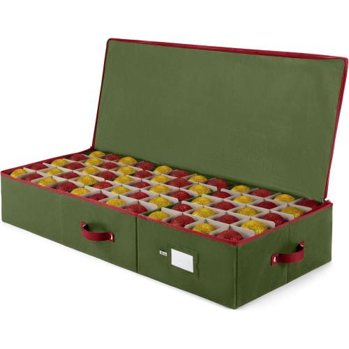 ZOBER Underbed Christmas Ornament Storage Box - Stores 120 3 Ornaments, With Dividers - Tear Proof 600D Oxford Fabric, Ornament Organizer Storage Box, Durable Christmas Containers Holder - Green