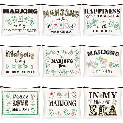 9 Pcs Mahjong Cosmetic Bag Gifts for Women Mahjong Makeup Bag Mah Jong Zippered Pouch for Lover Player Mothers Birthday Party Lucky Mah Jong Gift Coquette Accessories (Classic)