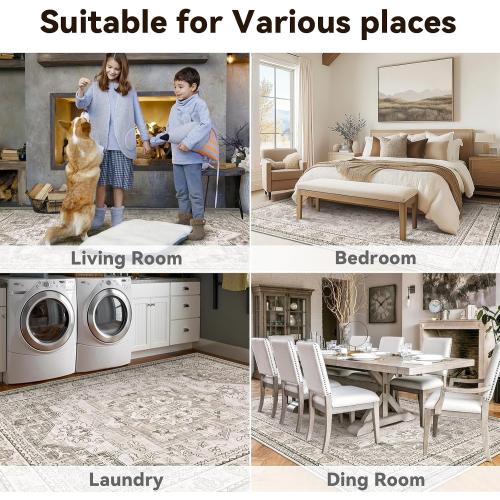 Beige 8x10 Findosom Area Rugs for Living Room, Non-Slip Soft Washable Rug with Vintage Medallion Pattern, Low Pile Faux Wool Large Boho Rugs for Bedroom, Ding Room, Entryway and Home Decor, Beige