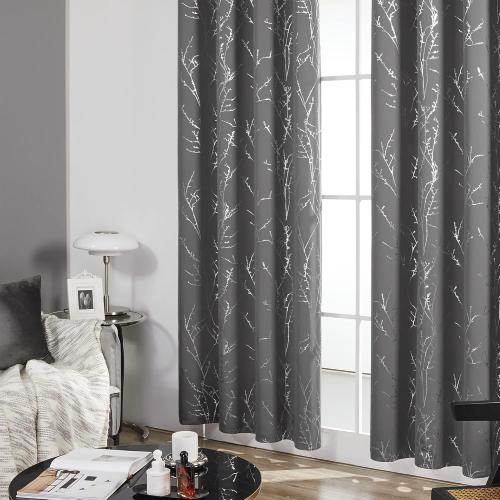 Deconovo Blackout Curtains 84 Inches Long, Light Gray Drapes for Living Room, Branch Silver Print, Soundproof Thermal Insulated Privacy Window Curtain for Bedroom Nursery, Set of 2, Machine Washable