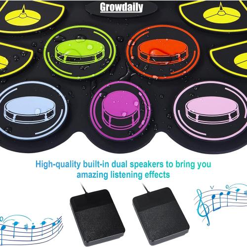 Electric Kids Drum Set,Electronic Drum Set Practice 9 Pads With Stand,Music Recording,Light Up Drum Sticks,Drum Pedal,Midi,Dual Stereo Speaker(Rainbow)