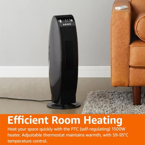 Amazon Basics Oscillating Tower Heater, With Digital Display, Remote Control, Timer, Over-Heat and Tip-Over Protection, Room Temperature Sensor, 2 Heat Settings, 1500W, Black, 8.6D x 8.6W x 23H
