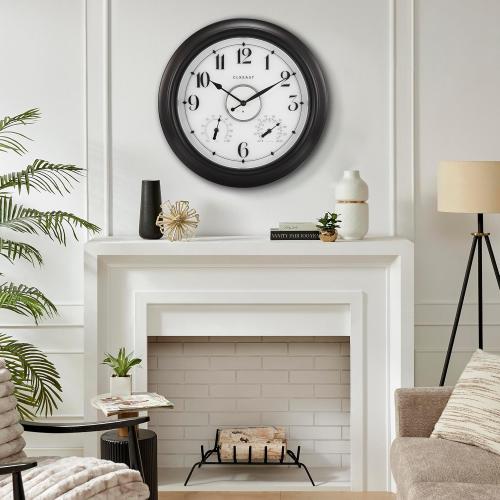 CLXEAST Illuminated Indoor Outdoor Clocks Waterproof 18 inch with Smart Night Light Sensor,Large Wall Clock with Thermometer & Hygrometer,Oil Rubbed Bronze Black,House Warming Gifts New Home
