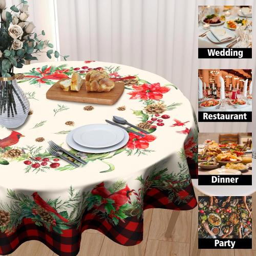 Giwawa Red Birds Floral Tablecloth Round 60 Inch Buffalo Plaid Decorative Water Resistant Table Cloth Cover for Dining Room Kitchen Holiday Party