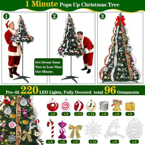 6.5 FT Prelit Pop Up Christmas Tree with 220 Warm White & Multicolor Lights 8 Modes & Timer Fully Decorated 103 Ornaments, Collapsible Pull Up Christmas Tree with Lights for Indoor Home Party Decor