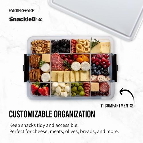 Farberware Large Build-A-Board Snacklebox Serving Tray with Locking Plastic Cutting Board Lid, Portable Storage Container with 11 Compartments for Charcuterie, and More
