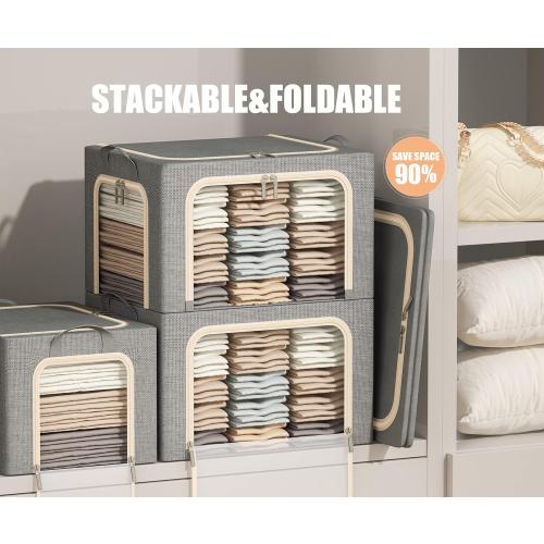 3 Pcs,Light Grey,66L 3 Opeings Large Clothes Storage Bins with Metal Frame, Foldable Storage Bin for Clothes, Clothing Storage Bins with Lid, Linen Storage Box With Clear Window＆ Zippers＆ Handles.(3 Pcs,Light Grey,66L)