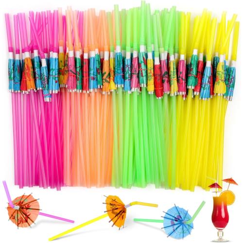 Paxcoo 100pcs Umbrella Straws - Hawaiian Luau Party Straws for Drinks Decorations (Assorted Colors)