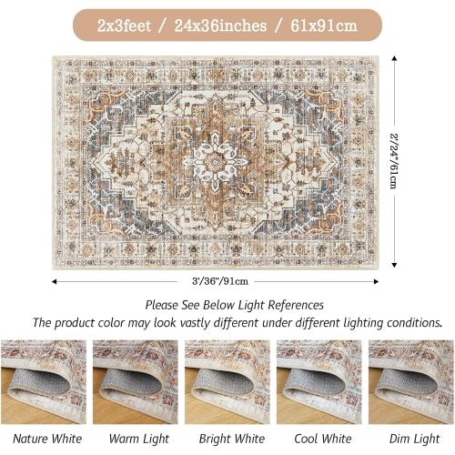 Madane Washable Area Rug 2x3, Small Entryway Rug Non-Slip Vintage Door Mat Indoor Entrance, Low Pile Floor Carpet for Inside Front Door Bedroom Kitchen Entry Laundry (2'x3', Turmeric/Grey)