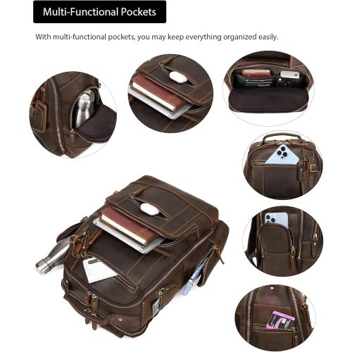 LANNSYNE Vintage Genuine Leather Backpack for men, 15.6 Laptop Backpack Travel Camping 24L Rucksack