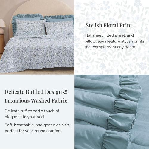 BLOOMHAVEN Oversized Queen Comforter Set - 7 Pieces Ruffle Blue Bedding Sets, Shabby Chic Farmhouse Bed in a Bag with Ruffle Comforter, Floral Sheets, Pillowcases & Shams