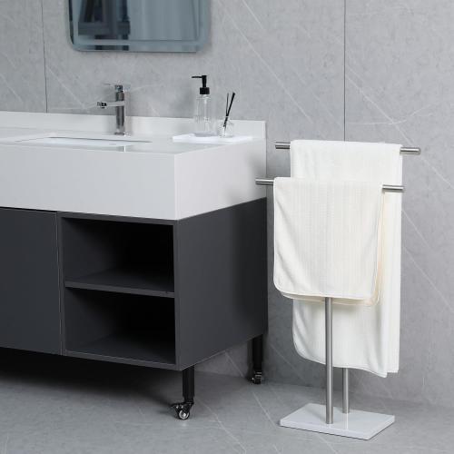 Free Standing Towel Rack for Bathroom - Brushed Nickel Finish - Stand Alone 2 Tier Stainless Steel Towel Rack for Bathroom Floor with Heavy Marble Base, Double T Shape Drying Stand for Towels