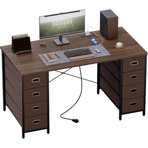 Pamray Size 47 Inch Color brown Computer Desk with 8 Fabric Drawers PC Gaming Desk Home Office Study Work Writing Table for Bedroom Brown