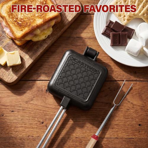 Mountain Pie Maker Cast Iron Set of 2 with Storage Bag – 5 Smores Sticks for Fire Pit, Camping and Outdoor Cooking