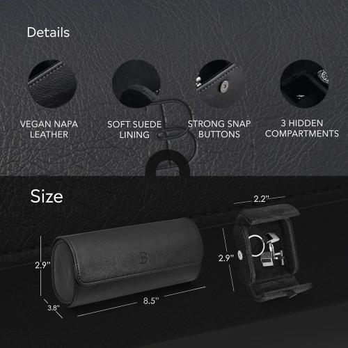 BOSHKU Leather Watch Roll Travel Case – Watch Travel Case for Men – Travel Watch Cases for Men – 3 Watch Case Travel – Black Watch Roll Case – Leather Watch Case Travel – Watch Leather Travel Case