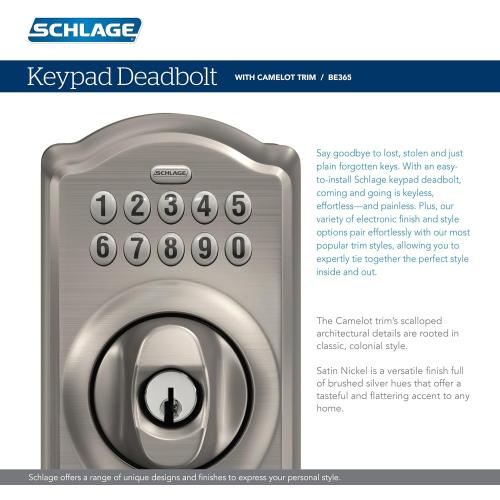 Schlage BE365 V CAM 716 Camelot Keypad Deadbolt, Electronic Keyless Entry Lock, Aged Bronze