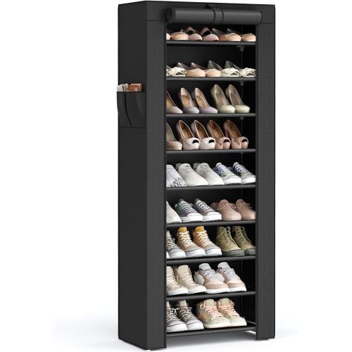 SONGMICS Shoe Rack with Non-Woven Fabric Cover, 9 Tier Storage Shelf for 27-35 Pairs of Shoes, Entryway, Suitable for Sneakers, High Heels, Flats, and Boots, Black URXJ10H