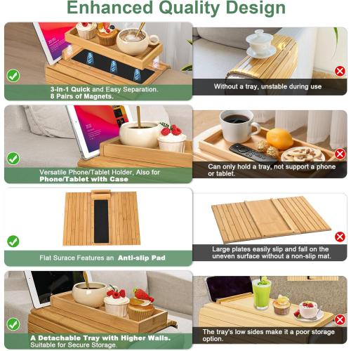 Joy&Grace Couch Arm Tray, 3-in-1 Magnetic Detachable Sofa Arm Table with Phone and Tablet Holder Bamboo Couch Cup Holder, Foldable Sofa Armrest Tray for Eating, Drinks, Phones (Natural)