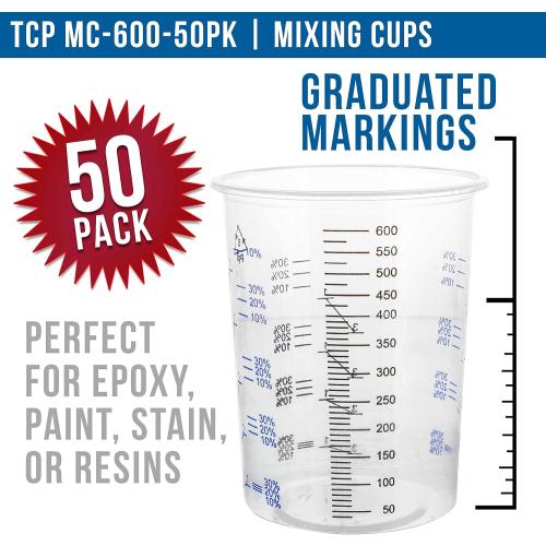 TCP Global 20 Ounce (600ml) Disposable Flexible Clear Graduated Plastic Mixing Cups - Box of 50 Cups - Use for Paint, Resin, Epoxy, Art, Kitchen, Cooking, Baking - Measuring Ratios 2-1, 3-1, 4-1, ML