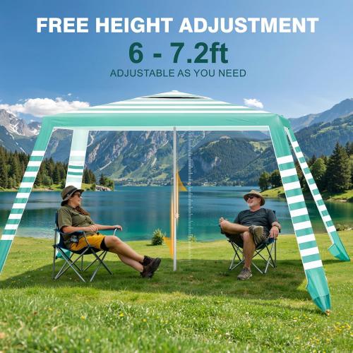 Rhino Valley Beach Cabana, 8 * 8FT Beach Tent UPF50  Protection, Easy Setup Beach Canopy Wind Resistant with Cup Holder, Compact Beach Shade Foldable Beach Tent Sun Shelter, Green White