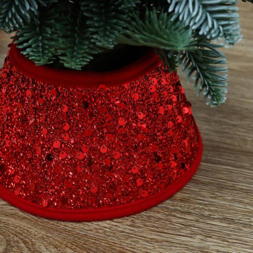 7.5 Inch Glittering Christmas Tree Collar, Sequin Rustic Mini Tree Skirt Base Cover for Small Tabletop Trees, Holiday Home Decor Gift, Red