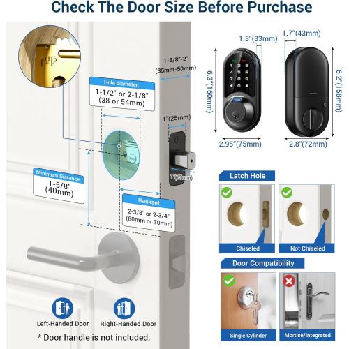 Veise RZ07 Smart Lock, Fingerprint Door Lock, 7-in-1 Keyless Entry with App Control, Electronic Touchscreen Keypad Deadbolt, Biometric Smart Locks for Front Door, Matte Black